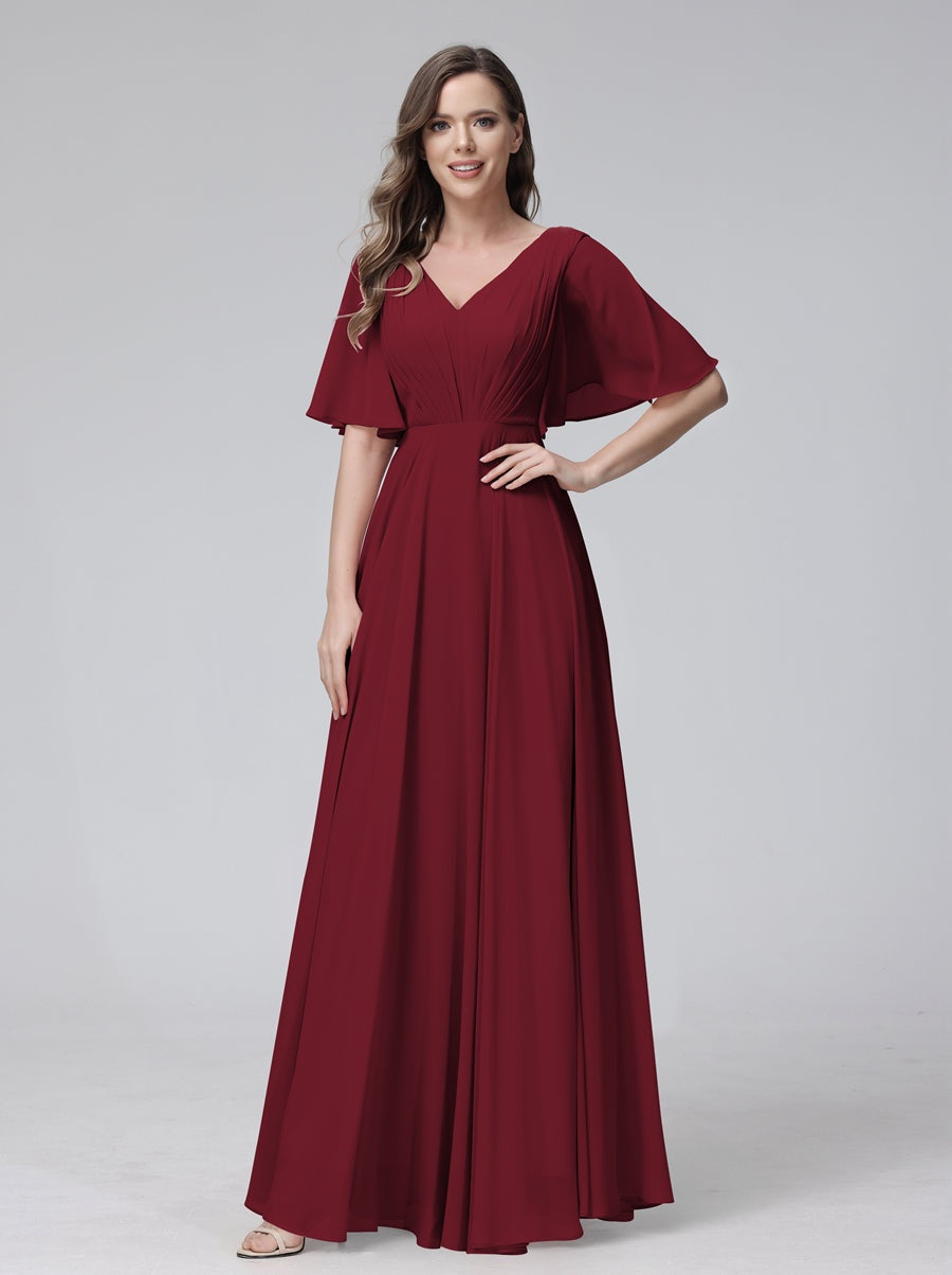 Princess A-Line Floor-Length V-Neck Bridesmaid Dresses With Half Sleeves, Ruffles & Pockets