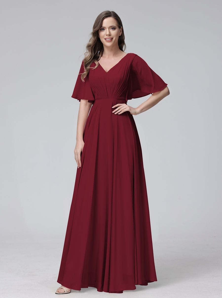 Princess A-Line Floor-Length V-Neck Bridesmaid Dresses With Half Sleeves, Ruffles & Pockets