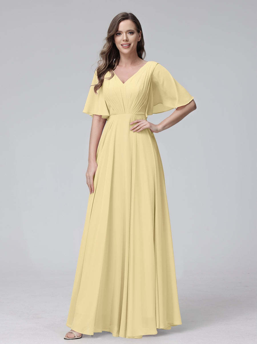 Princess A-Line Floor-Length V-Neck Bridesmaid Dresses With Half Sleeves, Ruffles & Pockets