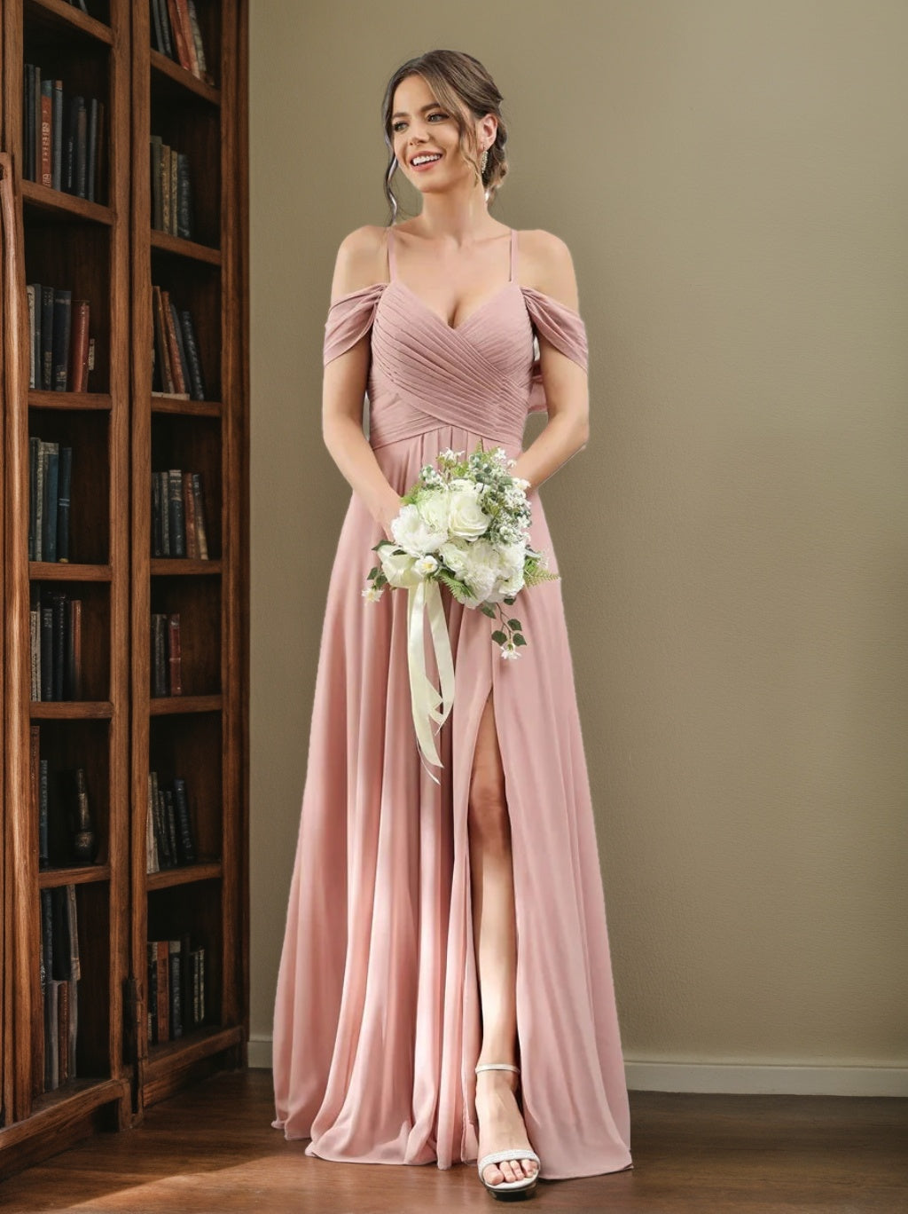 Floor-Length Chiffon Bridesmaid Dress with Spaghetti Straps and Side Split in A-Line/Princess V-Neck