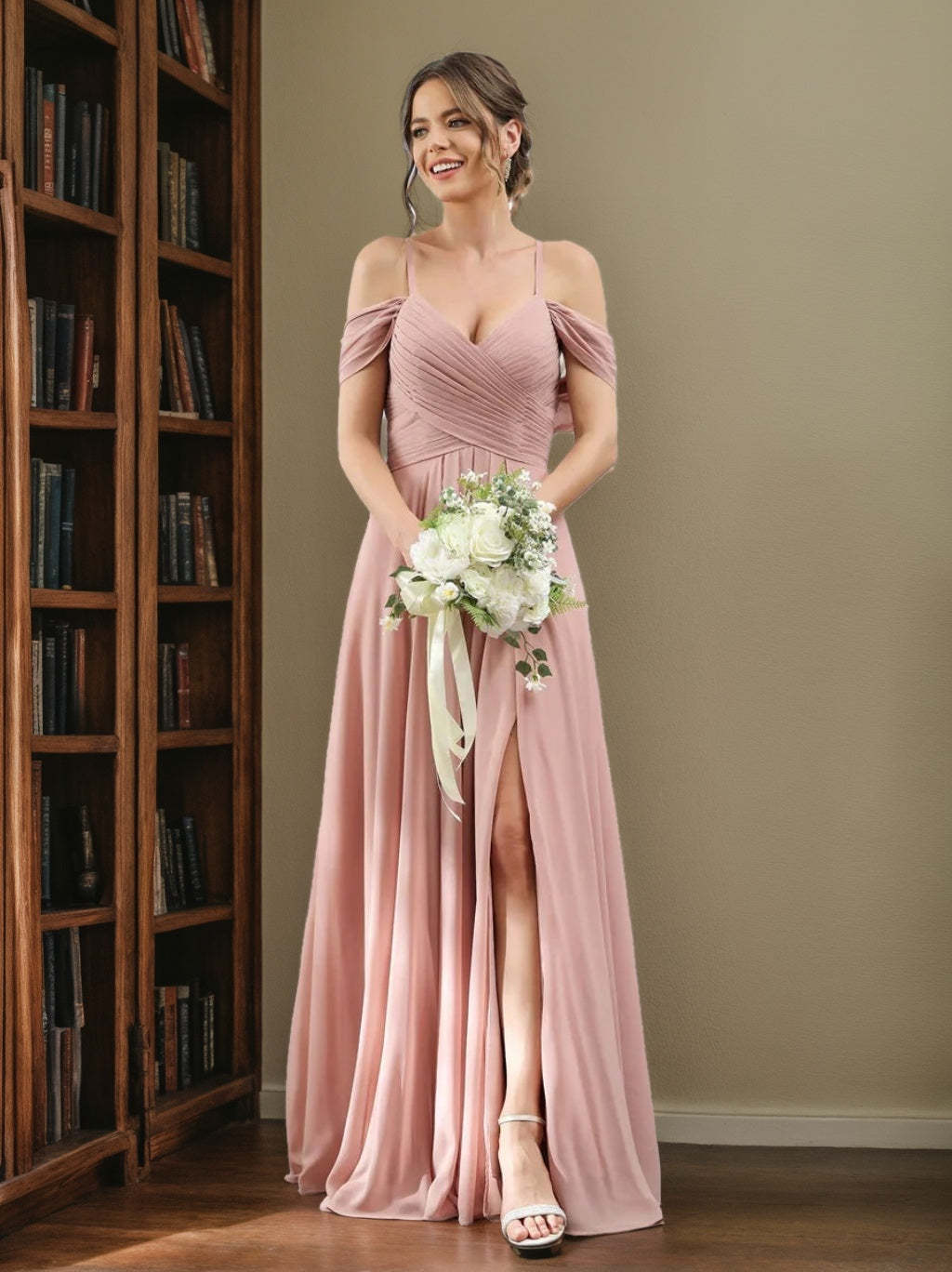 Floor-Length Chiffon Bridesmaid Dress with Spaghetti Straps and Side Split in A-Line/Princess V-Neck