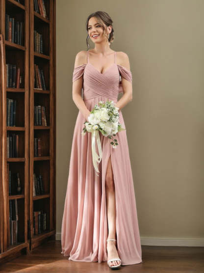 Floor-Length Chiffon Bridesmaid Dress with Spaghetti Straps and Side Split in A-Line/Princess V-Neck