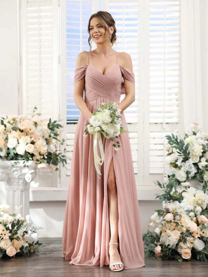Floor-Length Chiffon Bridesmaid Dress with Spaghetti Straps and Side Split in A-Line/Princess V-Neck