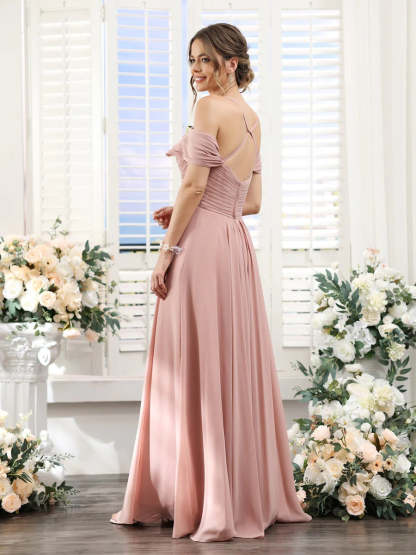 Floor-Length Chiffon Bridesmaid Dress with Spaghetti Straps and Side Split in A-Line/Princess V-Neck