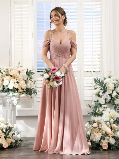 Floor-Length Chiffon Bridesmaid Dress with Spaghetti Straps and Side Split in A-Line/Princess V-Neck