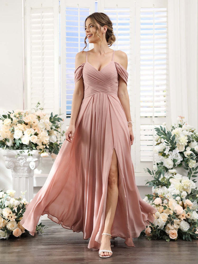 Floor-Length Chiffon Bridesmaid Dress with Spaghetti Straps and Side Split in A-Line/Princess V-Neck