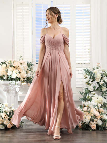 Floor-Length Chiffon Bridesmaid Dress with Spaghetti Straps and Side Split in A-Line/Princess V-Neck