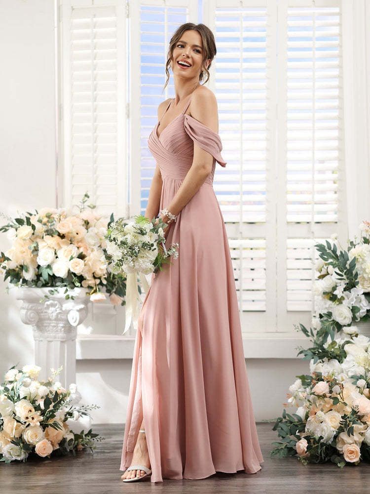 Floor-Length Chiffon Bridesmaid Dress with Spaghetti Straps and Side Split in A-Line/Princess V-Neck