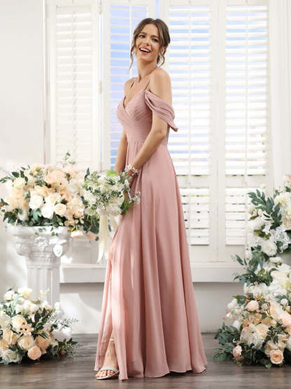 Floor-Length Chiffon Bridesmaid Dress with Spaghetti Straps and Side Split in A-Line/Princess V-Neck