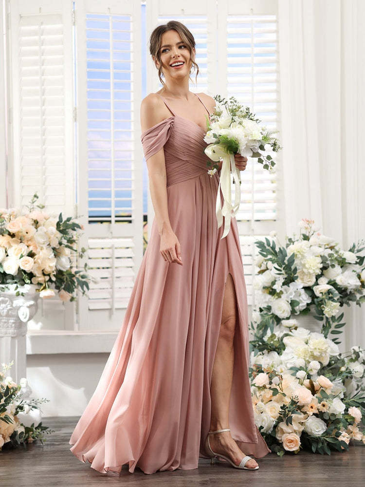 Floor-Length Chiffon Bridesmaid Dress with Spaghetti Straps and Side Split in A-Line/Princess V-Neck