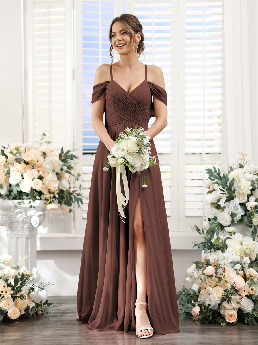 Floor-Length Chiffon Bridesmaid Dress with Spaghetti Straps and Side Split in A-Line/Princess V-Neck