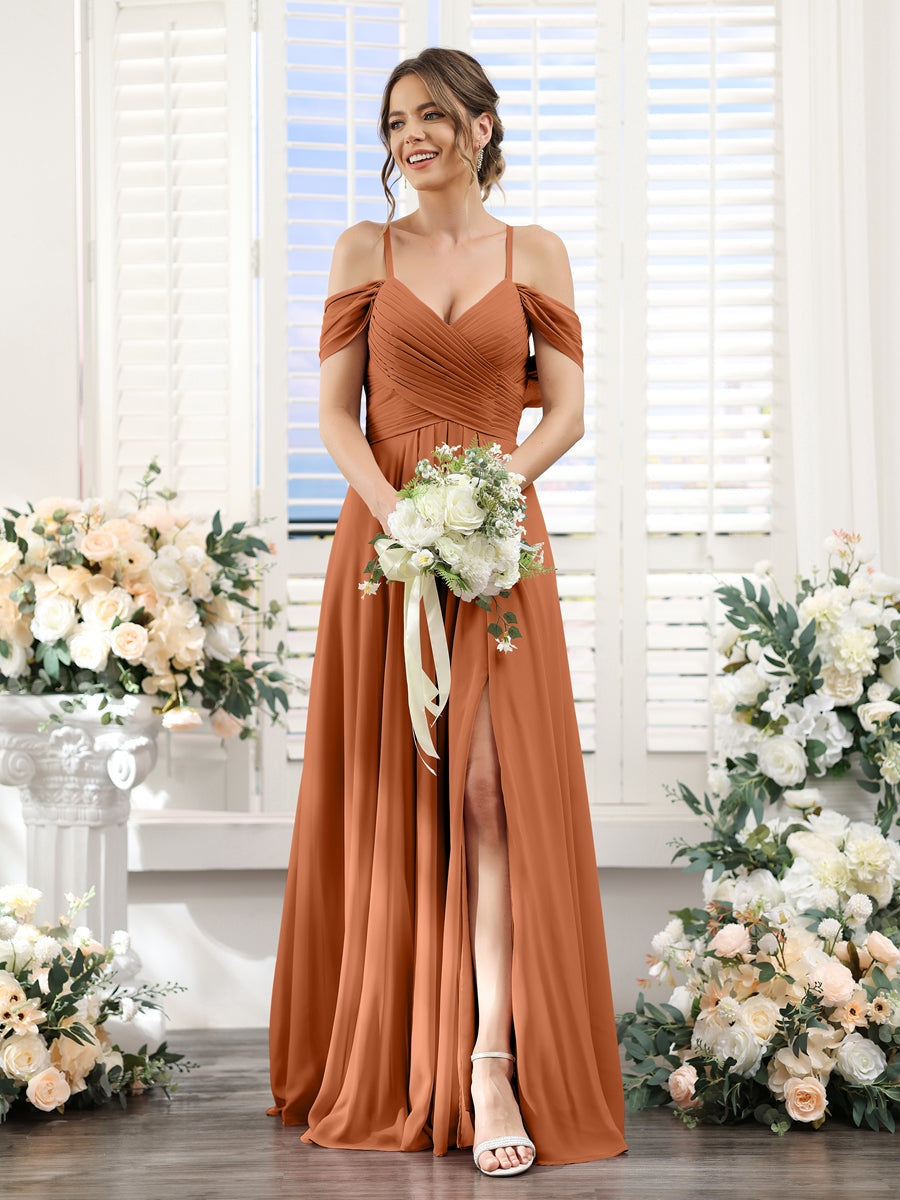 Floor-Length Chiffon Bridesmaid Dress with Spaghetti Straps and Side Split in A-Line/Princess V-Neck
