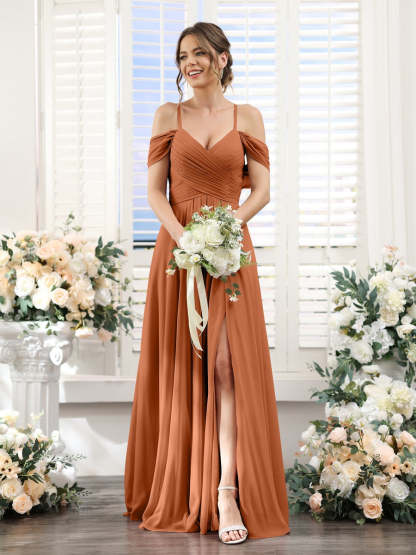 Floor-Length Chiffon Bridesmaid Dress with Spaghetti Straps and Side Split in A-Line/Princess V-Neck