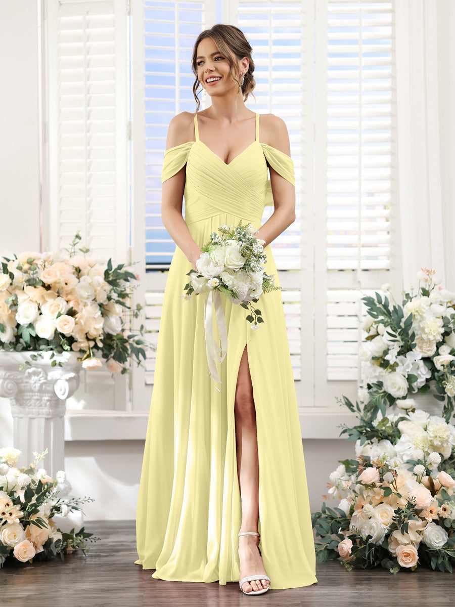 Floor-Length Chiffon Bridesmaid Dress with Spaghetti Straps and Side Split in A-Line/Princess V-Neck