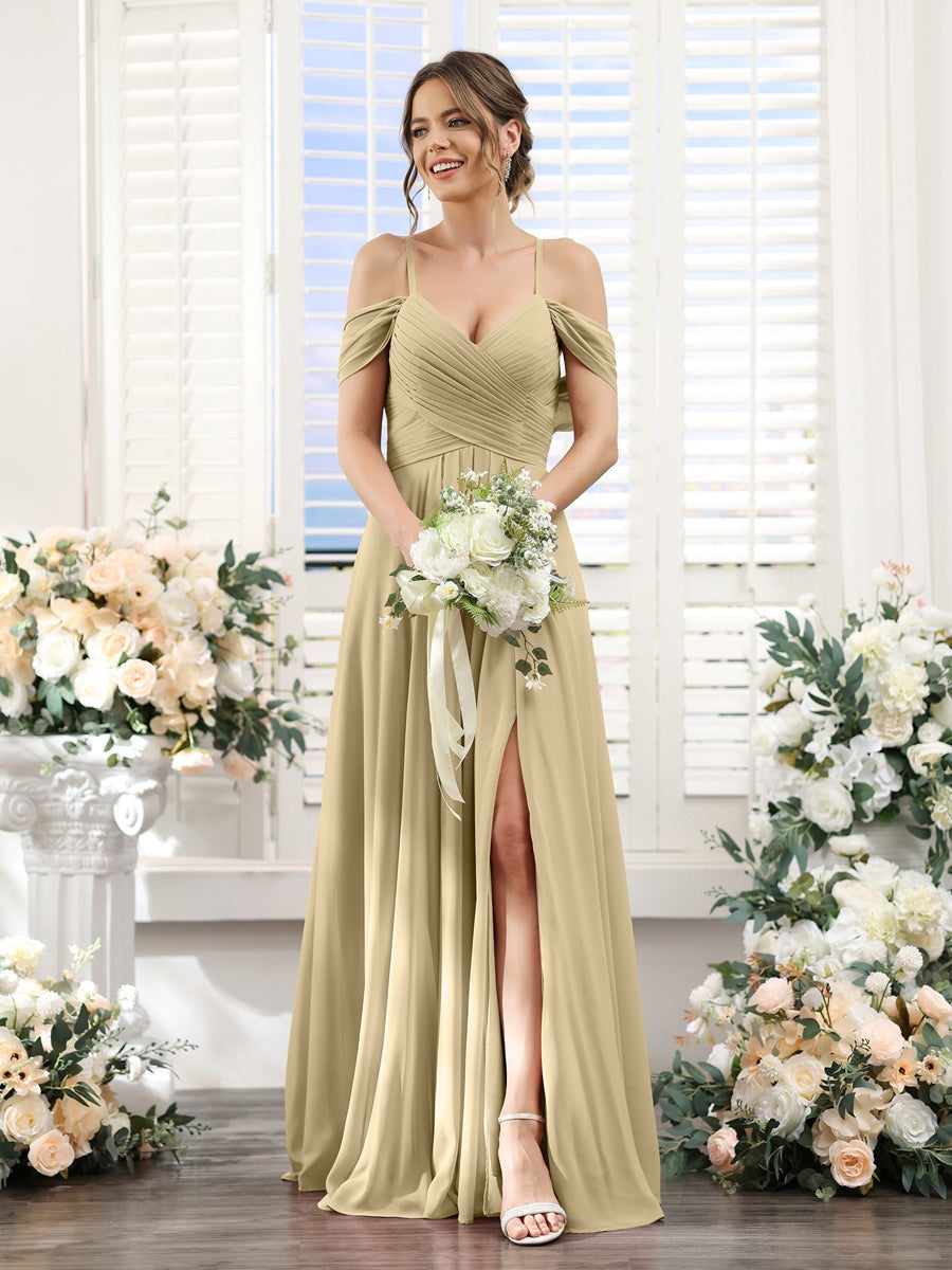 Floor-Length Chiffon Bridesmaid Dress with Spaghetti Straps and Side Split in A-Line/Princess V-Neck