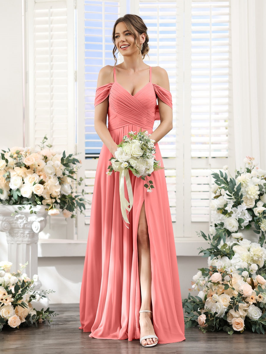 Floor-Length Chiffon Bridesmaid Dress with Spaghetti Straps and Side Split in A-Line/Princess V-Neck