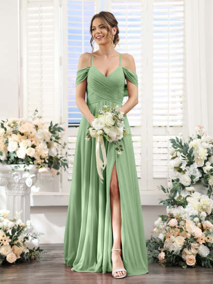 Floor-Length Chiffon Bridesmaid Dress with Spaghetti Straps and Side Split in A-Line/Princess V-Neck