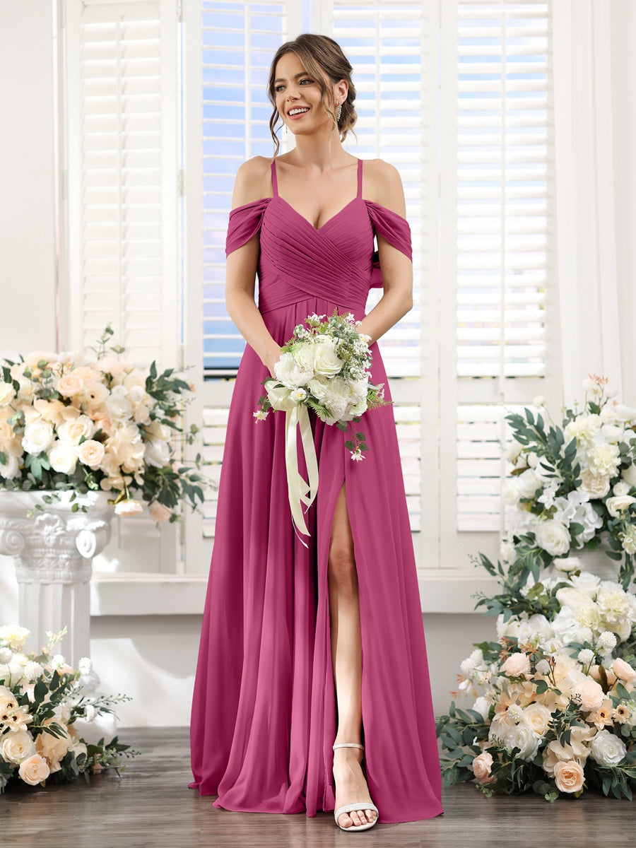Floor-Length Chiffon Bridesmaid Dress with Spaghetti Straps and Side Split in A-Line/Princess V-Neck