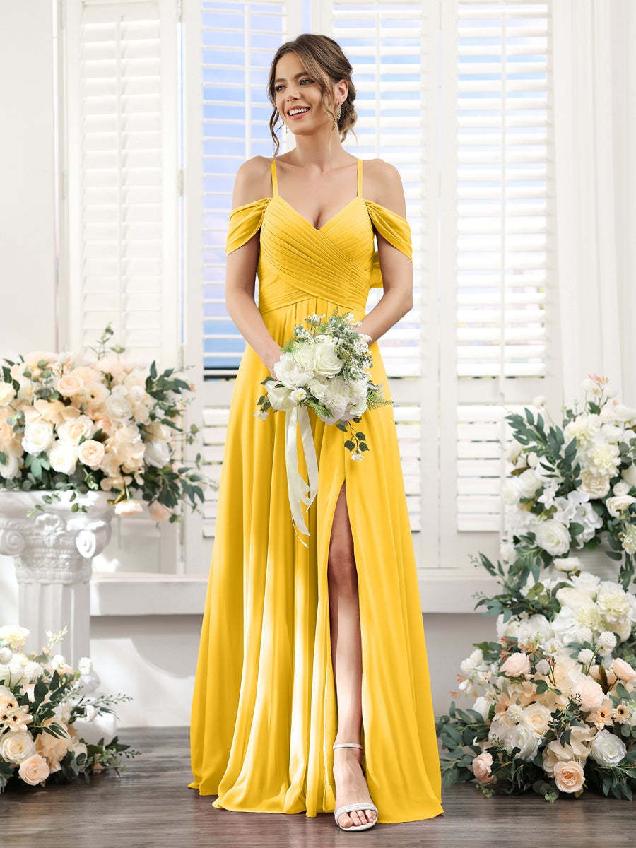 Floor-Length Chiffon Bridesmaid Dress with Spaghetti Straps and Side Split in A-Line/Princess V-Neck