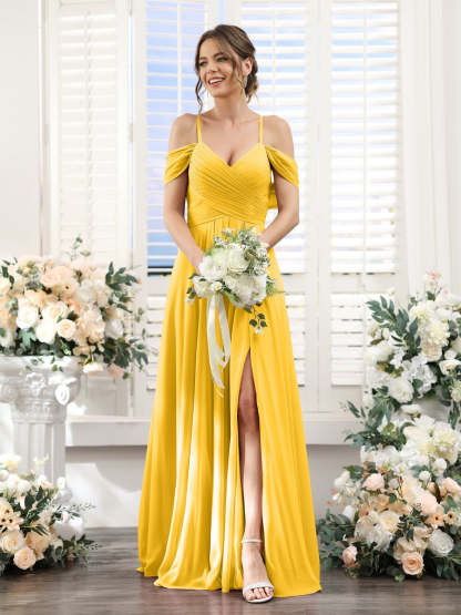 Floor-Length Chiffon Bridesmaid Dress with Spaghetti Straps and Side Split in A-Line/Princess V-Neck