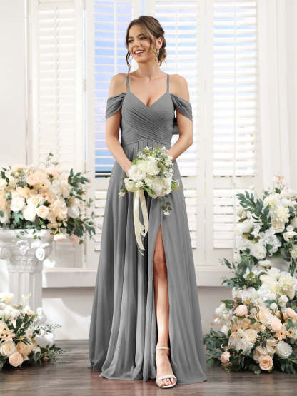 Floor-Length Chiffon Bridesmaid Dress with Spaghetti Straps and Side Split in A-Line/Princess V-Neck