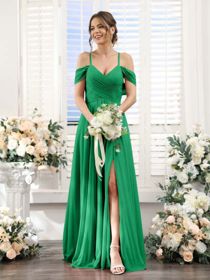 Floor-Length Chiffon Bridesmaid Dress with Spaghetti Straps and Side Split in A-Line/Princess V-Neck