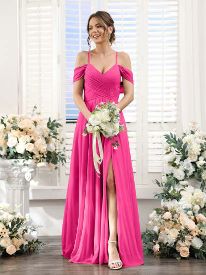 Floor-Length Chiffon Bridesmaid Dress with Spaghetti Straps and Side Split in A-Line/Princess V-Neck