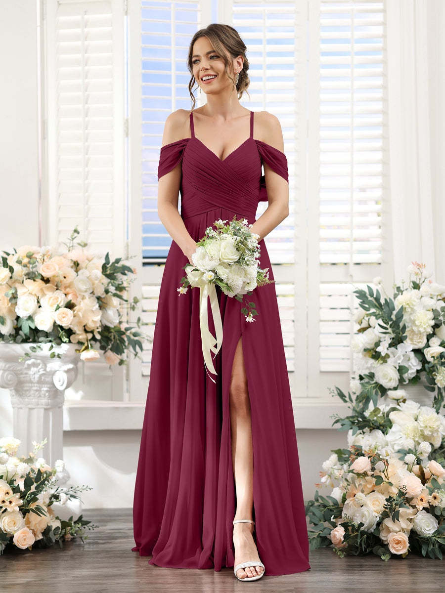 Floor-Length Chiffon Bridesmaid Dress with Spaghetti Straps and Side Split in A-Line/Princess V-Neck