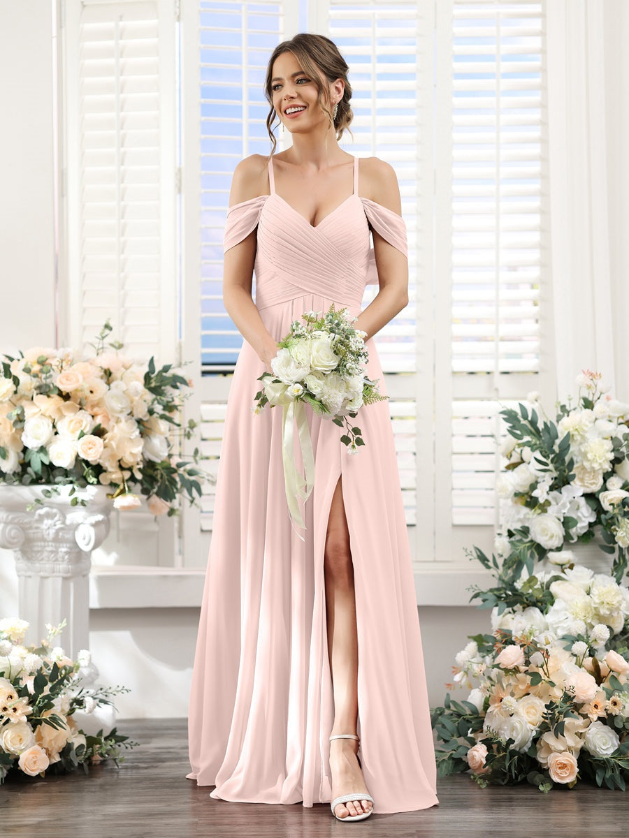 Floor-Length Chiffon Bridesmaid Dress with Spaghetti Straps and Side Split in A-Line/Princess V-Neck