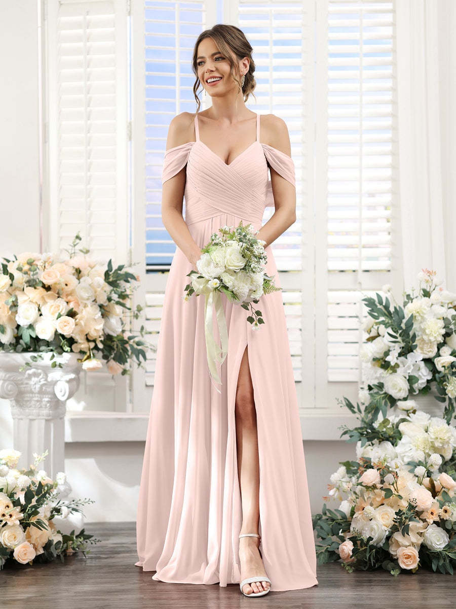 Floor-Length Chiffon Bridesmaid Dress with Spaghetti Straps and Side Split in A-Line/Princess V-Neck