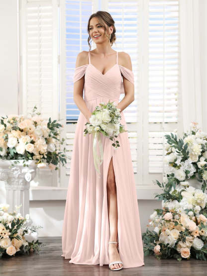 Floor-Length Chiffon Bridesmaid Dress with Spaghetti Straps and Side Split in A-Line/Princess V-Neck