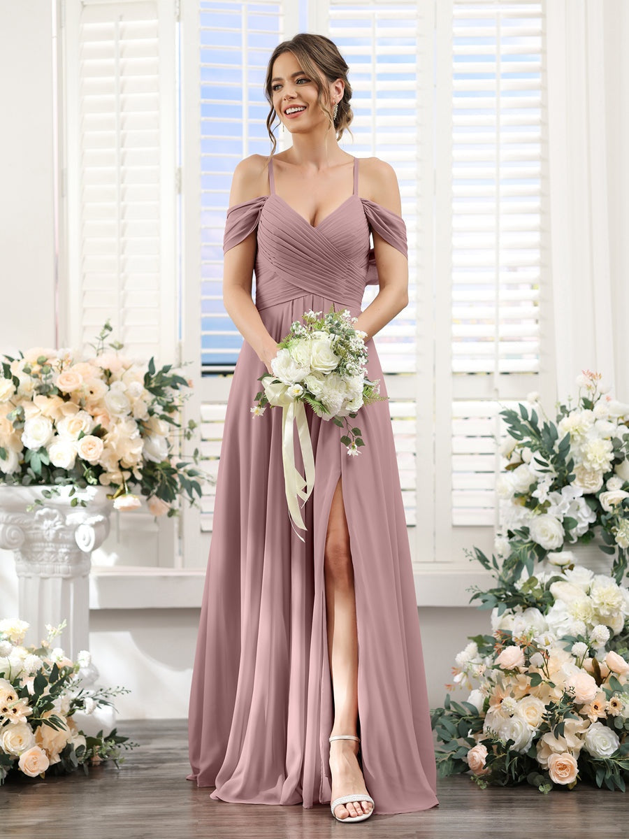 Floor-Length Chiffon Bridesmaid Dress with Spaghetti Straps and Side Split in A-Line/Princess V-Neck