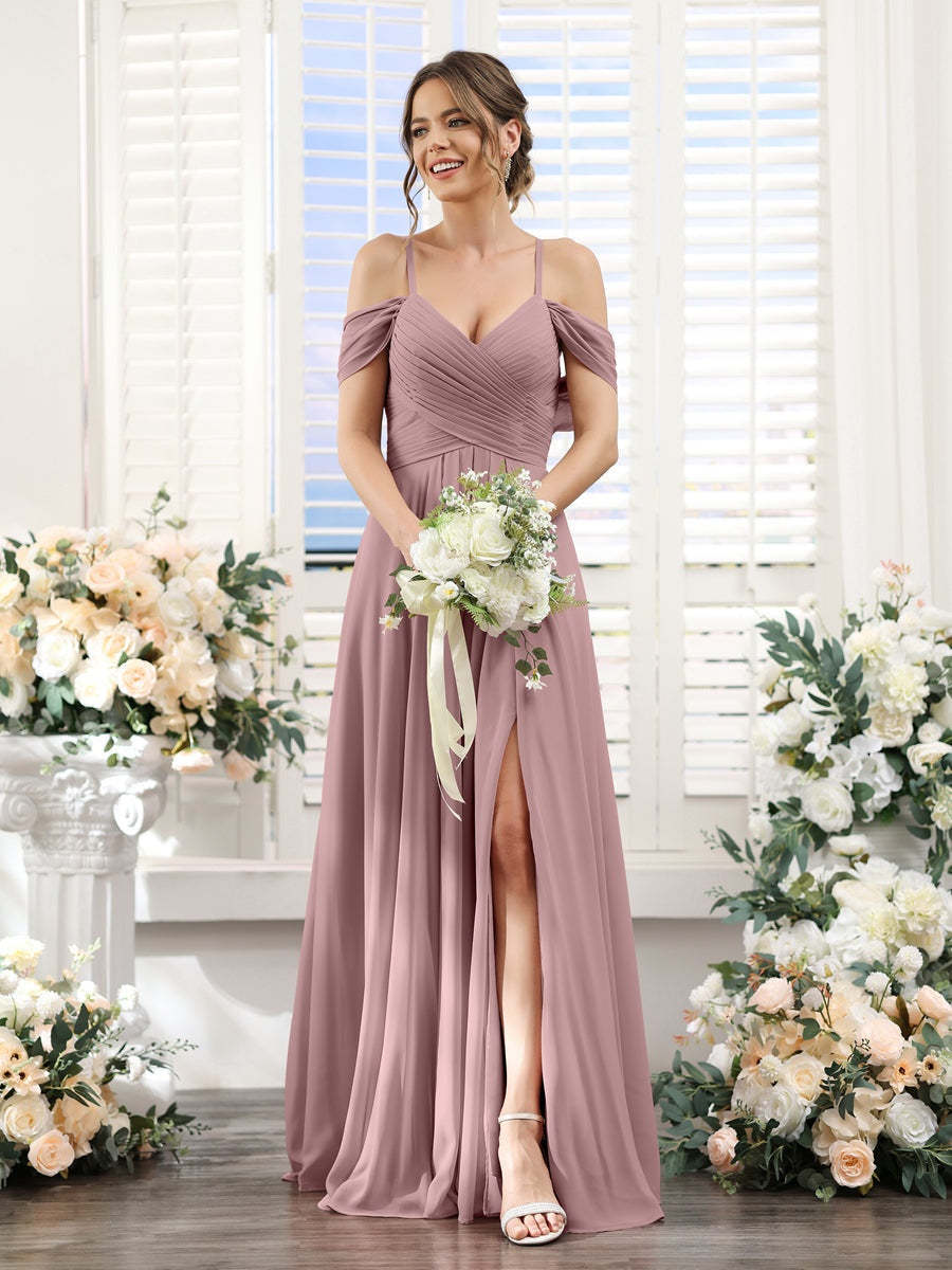 Floor-Length Chiffon Bridesmaid Dress with Spaghetti Straps and Side Split in A-Line/Princess V-Neck