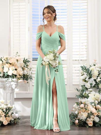 Floor-Length Chiffon Bridesmaid Dress with Spaghetti Straps and Side Split in A-Line/Princess V-Neck