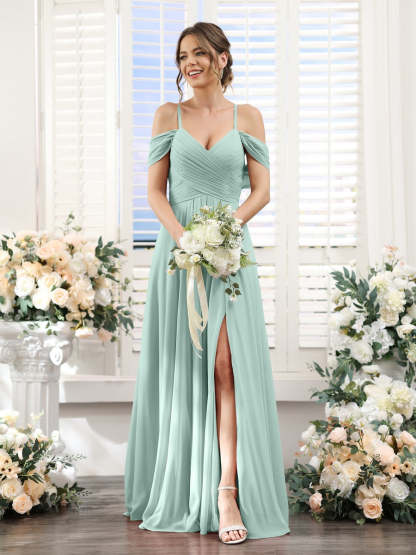 Floor-Length Chiffon Bridesmaid Dress with Spaghetti Straps and Side Split in A-Line/Princess V-Neck