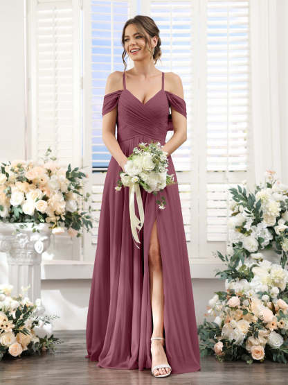 Floor-Length Chiffon Bridesmaid Dress with Spaghetti Straps and Side Split in A-Line/Princess V-Neck
