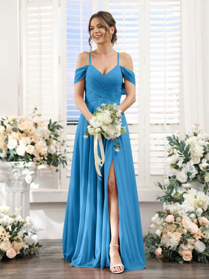Floor-Length Chiffon Bridesmaid Dress with Spaghetti Straps and Side Split in A-Line/Princess V-Neck