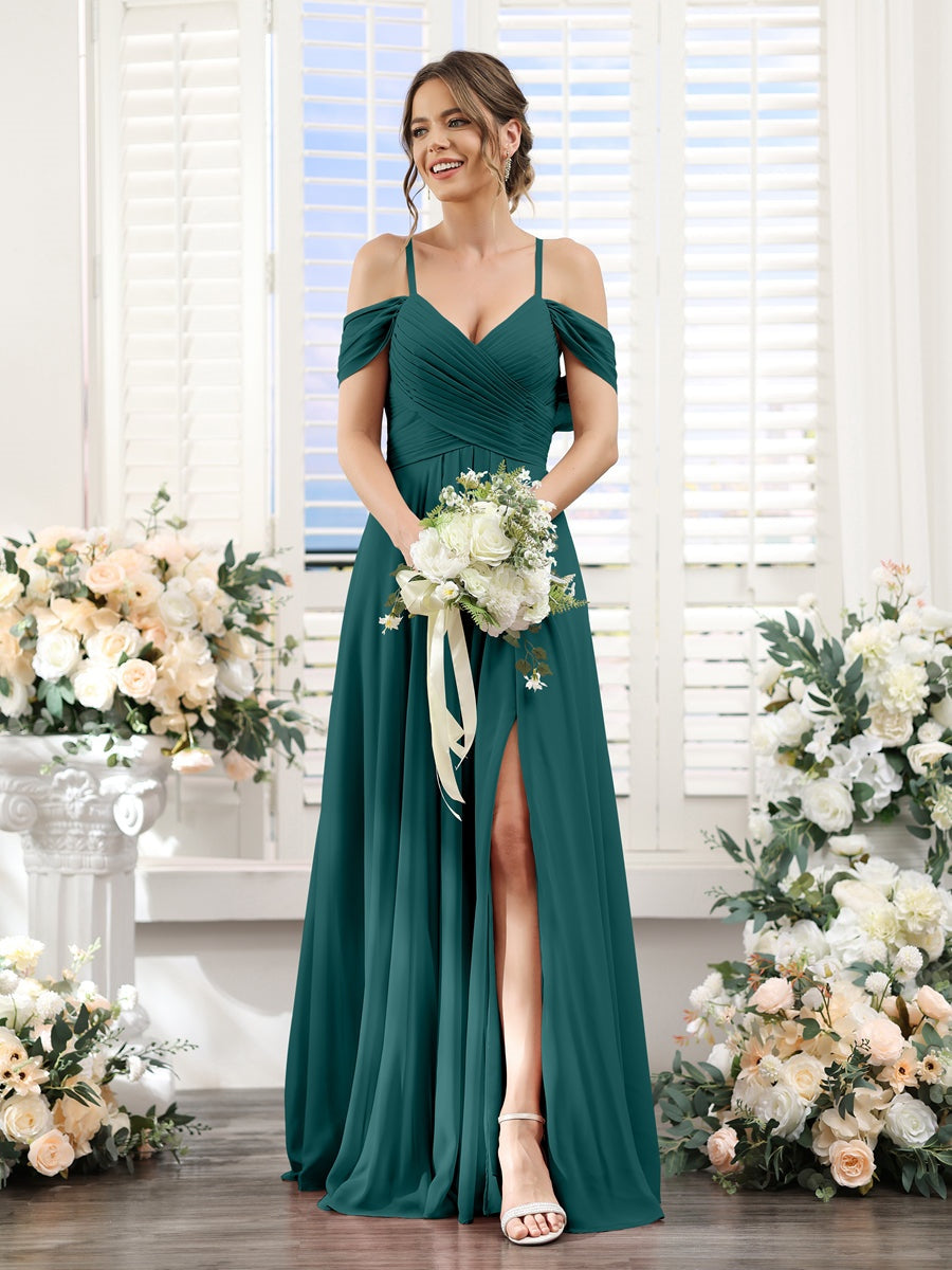 Floor-Length Chiffon Bridesmaid Dress with Spaghetti Straps and Side Split in A-Line/Princess V-Neck