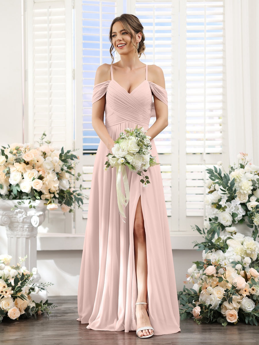 Floor-Length Chiffon Bridesmaid Dress with Spaghetti Straps and Side Split in A-Line/Princess V-Neck