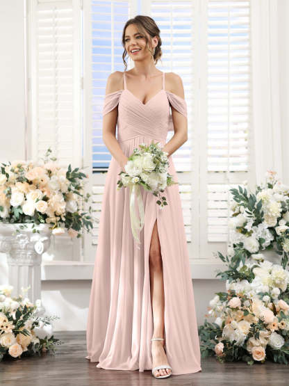 Floor-Length Chiffon Bridesmaid Dress with Spaghetti Straps and Side Split in A-Line/Princess V-Neck