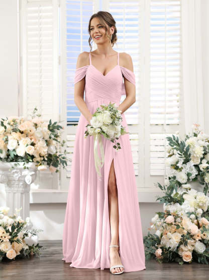 Floor-Length Chiffon Bridesmaid Dress with Spaghetti Straps and Side Split in A-Line/Princess V-Neck