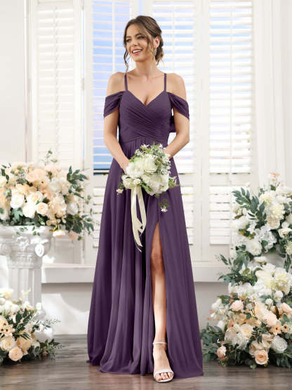 Floor-Length Chiffon Bridesmaid Dress with Spaghetti Straps and Side Split in A-Line/Princess V-Neck