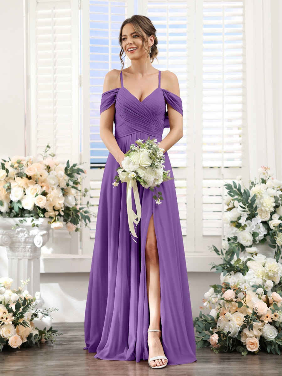 Floor-Length Chiffon Bridesmaid Dress with Spaghetti Straps and Side Split in A-Line/Princess V-Neck