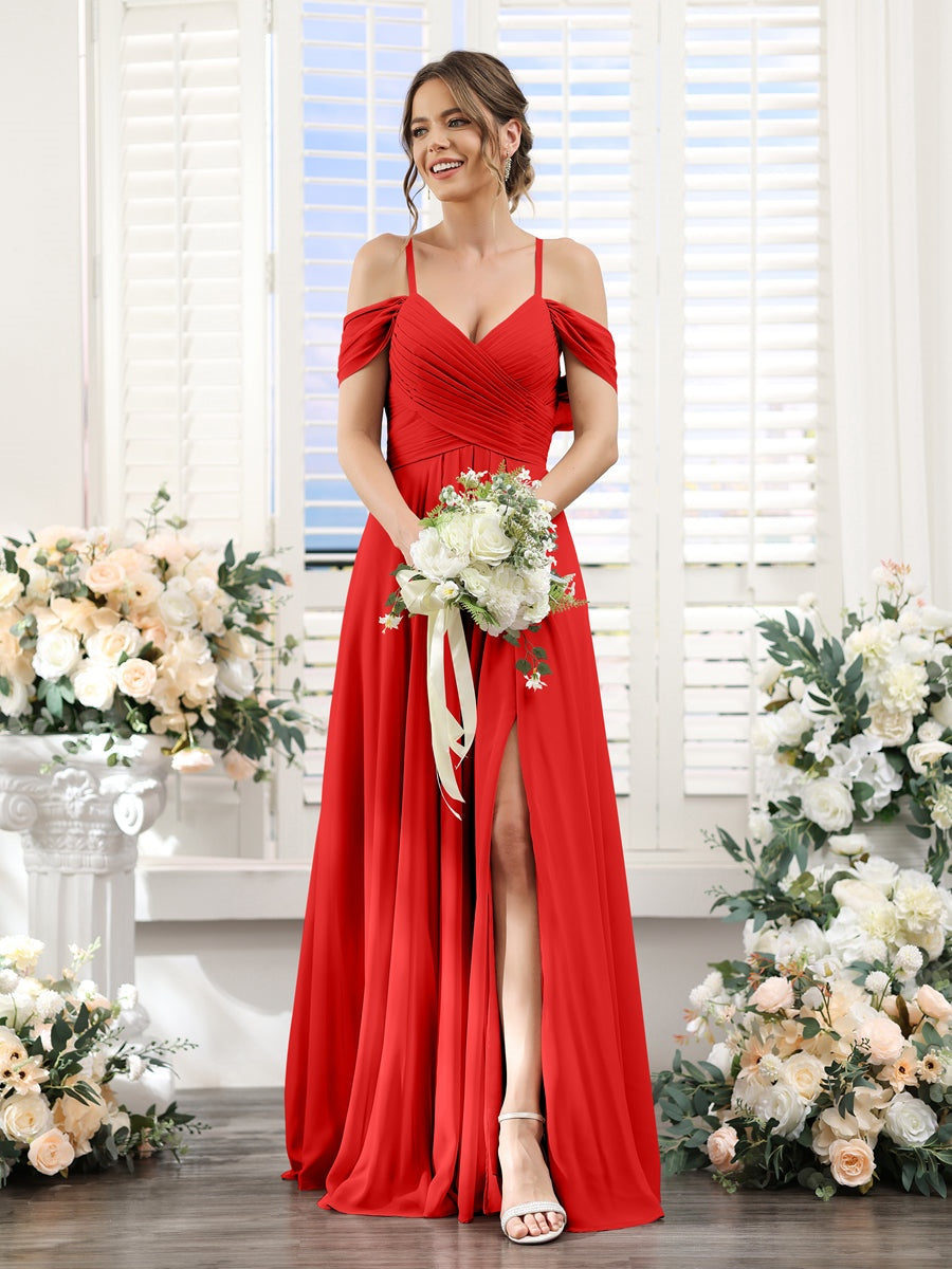Floor-Length Chiffon Bridesmaid Dress with Spaghetti Straps and Side Split in A-Line/Princess V-Neck