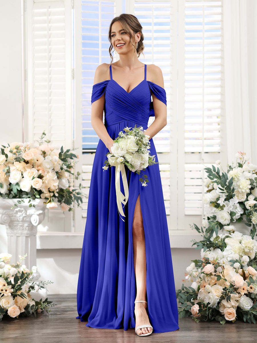 Floor-Length Chiffon Bridesmaid Dress with Spaghetti Straps and Side Split in A-Line/Princess V-Neck