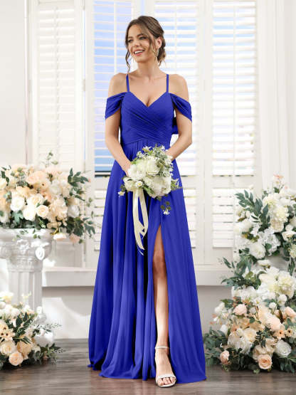 Floor-Length Chiffon Bridesmaid Dress with Spaghetti Straps and Side Split in A-Line/Princess V-Neck