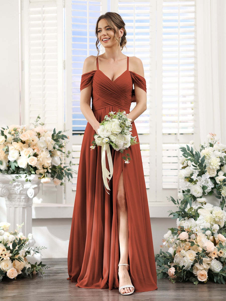 Floor-Length Chiffon Bridesmaid Dress with Spaghetti Straps and Side Split in A-Line/Princess V-Neck