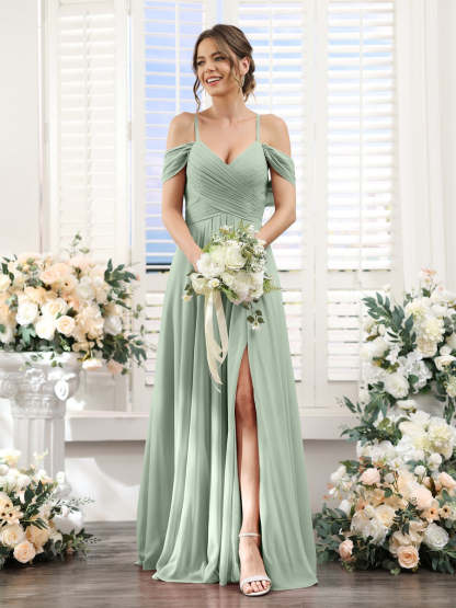 Floor-Length Chiffon Bridesmaid Dress with Spaghetti Straps and Side Split in A-Line/Princess V-Neck