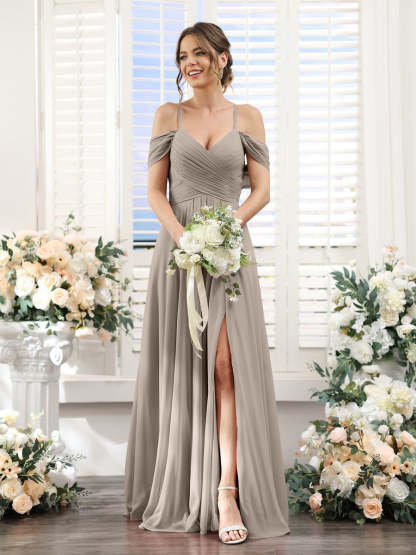 Floor-Length Chiffon Bridesmaid Dress with Spaghetti Straps and Side Split in A-Line/Princess V-Neck