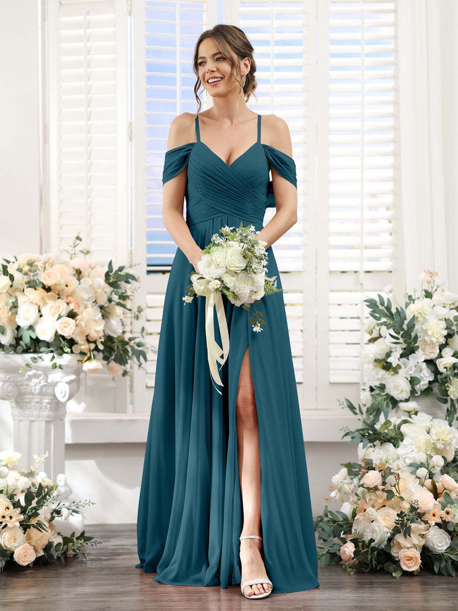 Floor-Length Chiffon Bridesmaid Dress with Spaghetti Straps and Side Split in A-Line/Princess V-Neck
